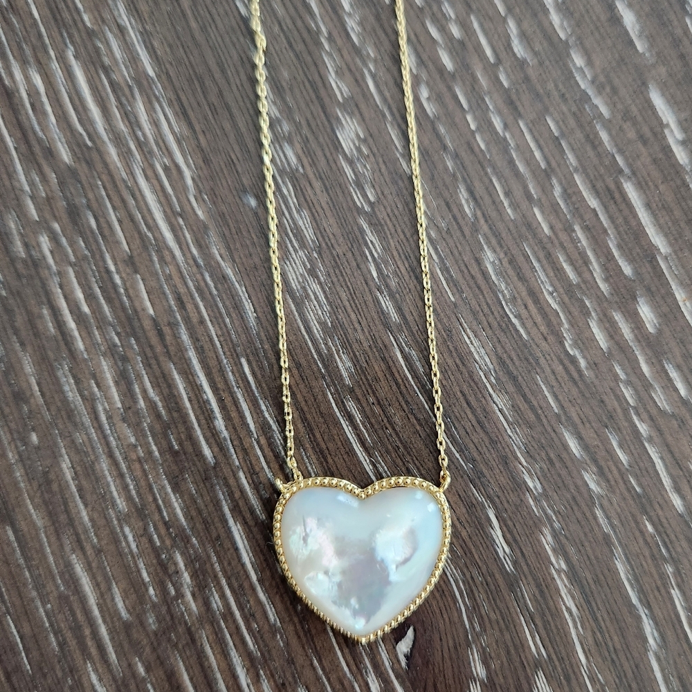 Gold and White Necklace with Iridescent Heart Pendant